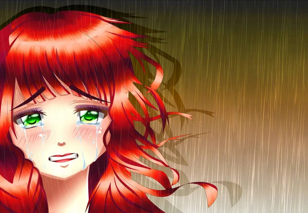悲伤动漫女孩下雨 — 图库照片