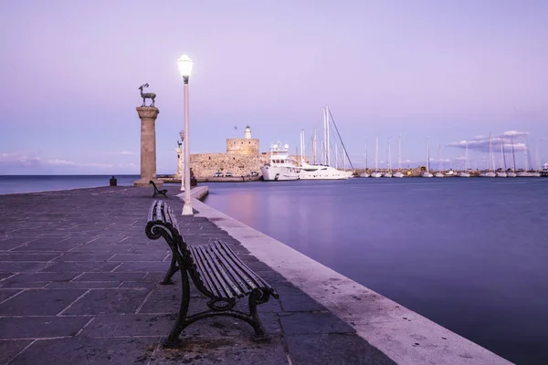 Mandraki harbour and fortress Agios Nicolaos — Stock Photo, Image