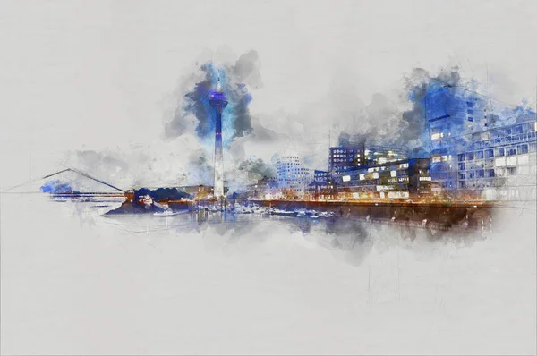Pintura en acuarela del puerto de Media en Rhine-River con Rhine-Tower — Foto de Stock