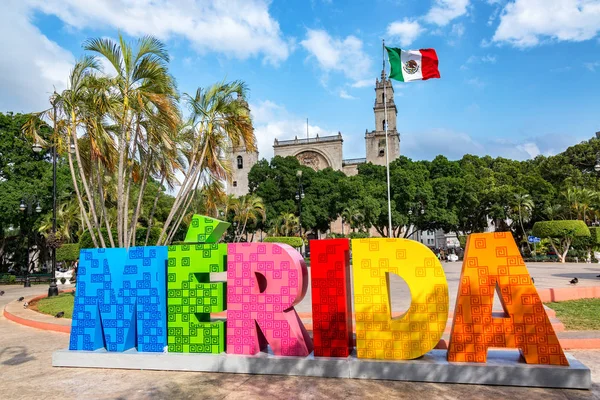 Merida Sign and Cathedral — Stock Photo, Image