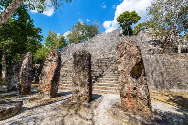 Stellae és piramis Calakmul, Mexikó — Stock Fotó