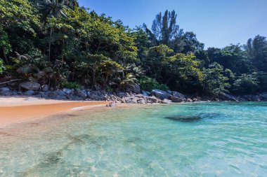 Açık mavi deniz ve palmiye ağaçlı sahil. Denizden Tayland sahiline, sahilde büyük kayalar ve temiz kum manzarası