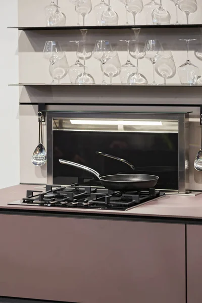 Stove Close Seup Interior Dapur Modern Dengan Stainless Steel Gas — Stok Foto