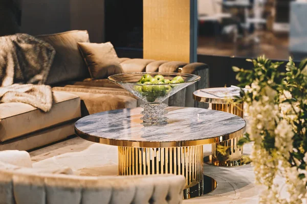 Beautiful Rich Living Room Golden Brass Table Marble Countertop Crystal — Stock Photo, Image