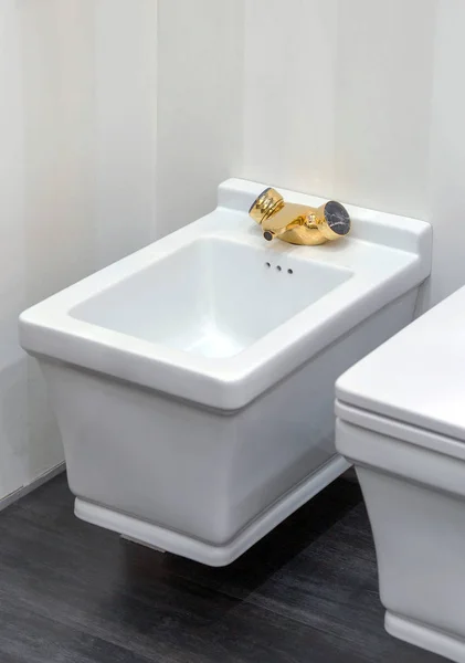 Bidé Moderno Blanco Con Grifo Oro Grifo Baño Ligero Diseño —  Fotos de Stock