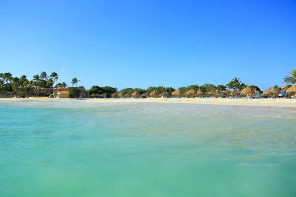 Hermosa Playa Arena Blanca Isla Aruba Agua Mar Turquesa Árboles — Foto de Stock