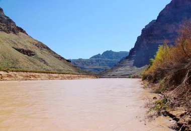 Colorado Nehri, Büyük Kanyon, Arizona muhteşem görünümü. Mavi gökyüzü arka plan. Güzel doğa manzara arka planları. 