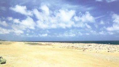Aruba 'nın doğal güzelliği. Kuzey kıyısı. Off-road Aruba. İnanılmaz taş çöl manzarası, mavi deniz ve mavi gökyüzü.. 