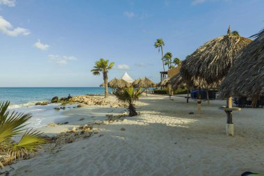 Sahil şeridinin güzel manzarası. Turkuaz okyanus suyunda güneş yatakları ve şemsiyeler ve beyaz bulutlu mavi gökyüzü. Aruba Adası. 