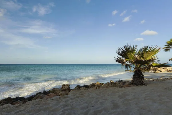 Spiaggia Sabbia Bianca Onde Turchesi Palme Verdi Sfondo Cielo Blu — Foto Stock