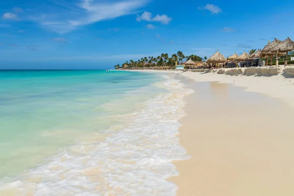 白色的沙滩 碧绿的海水 绿色的棕榈树和蓝天背景 阿鲁巴 惊人的背景 — 图库照片