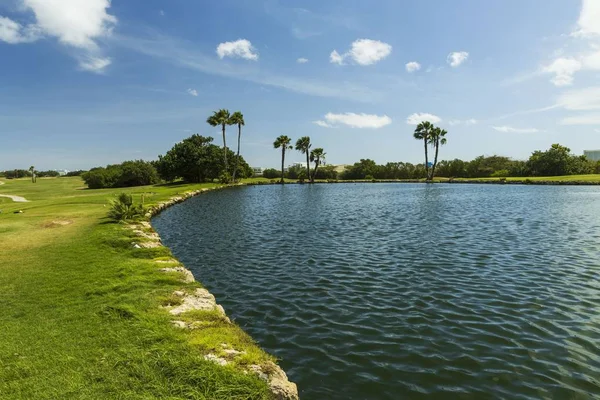 Schöne Landschaft Blick Auf Den See Mit Palmen Und Blauem — Stockfoto
