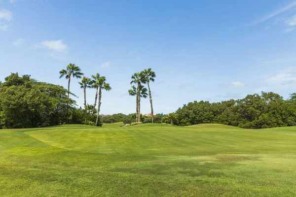 Schöne Aussicht Auf Golfplatz Und Grüne Bäume Auf Blauem Himmel — Stockfoto