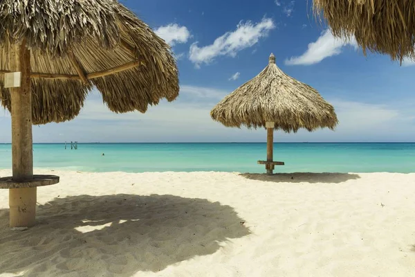 Beautiful View White Sand Beach Sun Umbrellas Sunbeds Eagle Beach — Stock Photo, Image