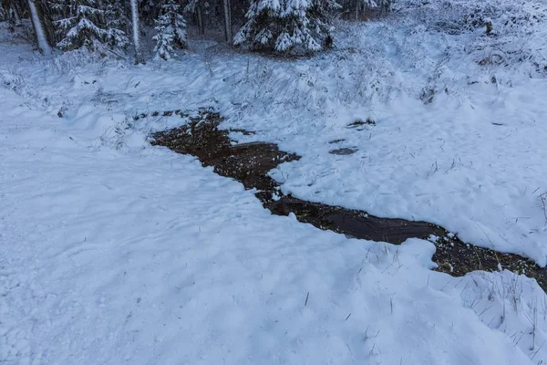 Nádherný Výhled Zimní Krajinu Potok Zimním Lese Nádherná Přírodní Krajina — Stock fotografie