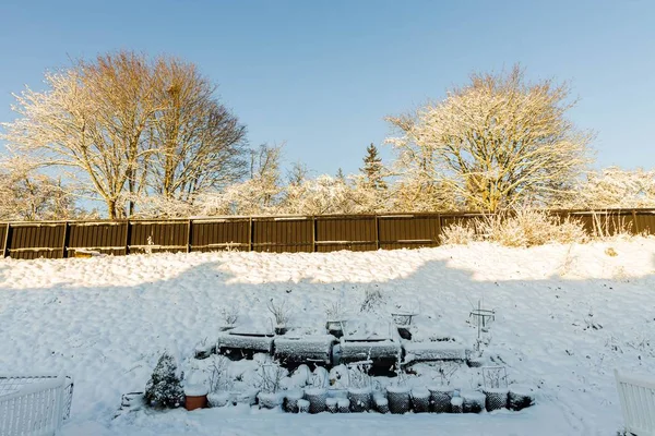 Gyönyörű Téli Kilátás Külső Egy Privát Kis Kert Műanyag Edények — Stock Fotó