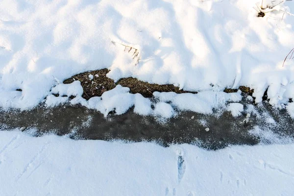 Prachtig Uitzicht Achtergrond Van Sneeuw Winter Stroom Het Winterbos Prachtige — Stockfoto