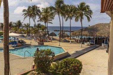 Otel manzarası çok güzel. Açık havuz, mavi güneş yatakları ve yeşil palmiye ağaçlarının arka planında şemsiyeler. Willemstad. Curacao. 09.18.2019.