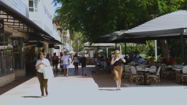 迈阿密市步行街的景观 精品店 室外咖啡馆 步行和休息的人在大绿树的背景 Usa 迈阿密 2019 — 图库视频影像