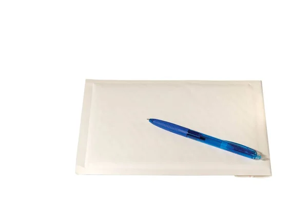 Close View White Envelope Blue Pen Isolated White Background — 스톡 사진