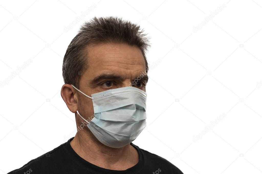 Close up view of man in white face mask. Influenza virus concept. 