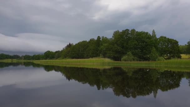 Langzame Beweging Prachtig Uitzicht Zonsondergang Rustige Zomeravond Waterkant Met Groene — Stockvideo