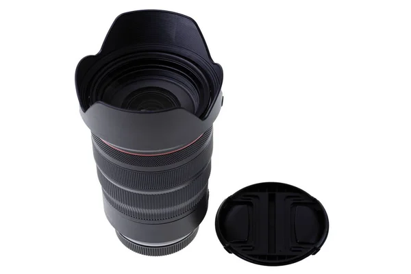 Close Weergave Van Zwarte Moderne Lens Lenskap Geïsoleerd Witte Achtergrond — Stockfoto