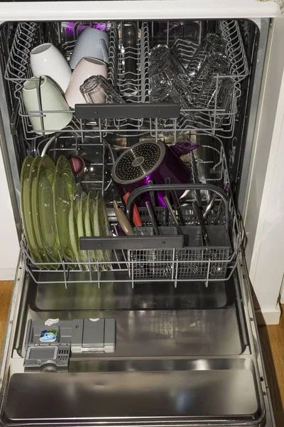 Крупним Планом Вид Відкритої Посудомийної Машини Технологічний Фон — стокове фото