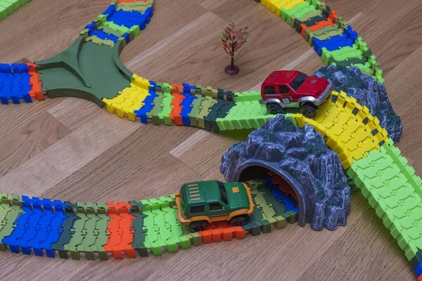 Bela Vista Colorido Conjunto Brinquedos Carro Pista Corrida Conceito Crianças — Fotografia de Stock