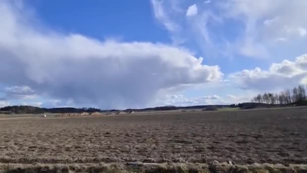 Beautiful Landscape View Fields Forest Trees Blue Sky White Clouds — Stock Video