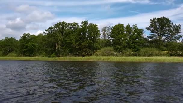 Au ralenti. Vue magnifique sur le paysage naturel. Hauts arbres sur la côte du lac. Ciel orageux avec des nuages gris fond. Journée d'été nuageuse sur la nature .