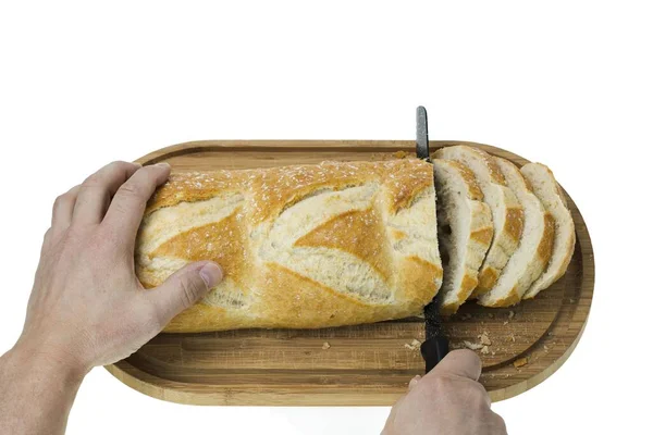 Close Zicht Gedeeltelijk Gesneden Brood Houten Snijplank Met Broodmes Voedsel — Stockfoto