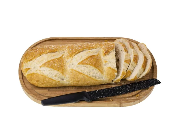 Närbild Vitt Bröd Limpa Trä Skärbräda Med Bröd Mat Och — Stockfoto