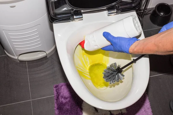 Großaufnahme Von Männlichen Händen Blauen Handschuhen Die Toilettensitz Reinigen Hygienekonzept — Stockfoto