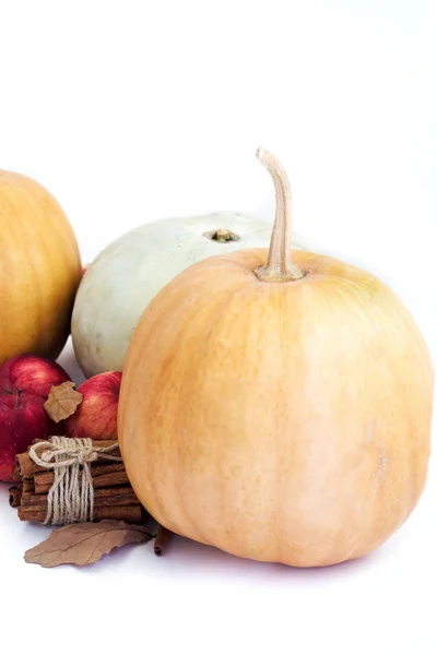 Pumpkins, apples and cinnamon on white background. Celebrations autumn concept . — Stock Photo, Image