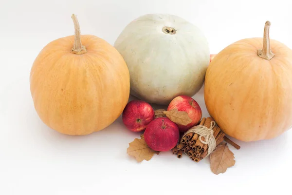 Abóboras, maçãs e canela sobre fundo branco. Conceito de outono celebrações  . — Fotografia de Stock