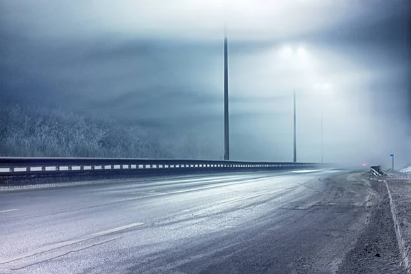 霧の中の闇夜の道 ロイヤリティフリーのストック写真