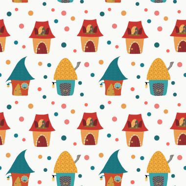 Karikatür çocuksu desen beyaz zemin üzerine evler