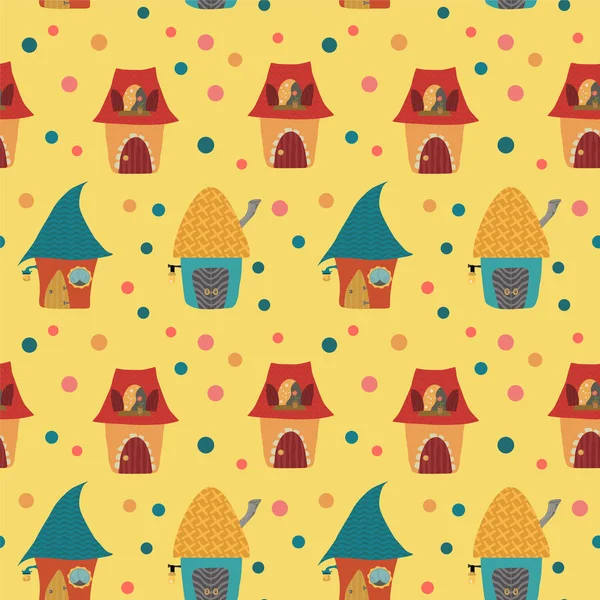 Karikatür çocuksu desen Sarı zemin üzerine evler — Stok Vektör