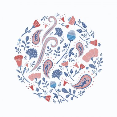 Elle yuvarlak şablon sevimli çiçek ve yaprakları ile çizilmiş