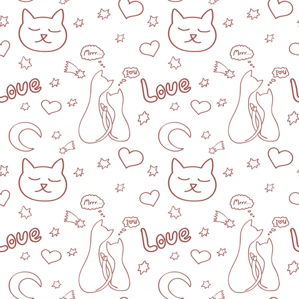 Hand drawn seamless vector pattern with cats and romantic elements — Stock Vector