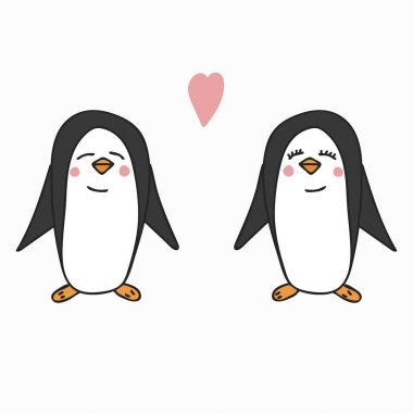 Elle çizilmiş vektör çizim, penguenler, romantik duygu ve aşk kavramı, doodle illüstrasyon tasarımlarınız için bir çift