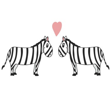 Elle çizilmiş vektör çizim, zebralar, romantik duygu ve aşk kavramı, doodle illüstrasyon tasarımlarınız için bir çift