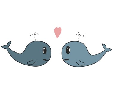Elle çizilmiş vektör çizim, balinalar, romantik duygu ve aşk kavramı, doodle illüstrasyon tasarımlarınız için bir çift