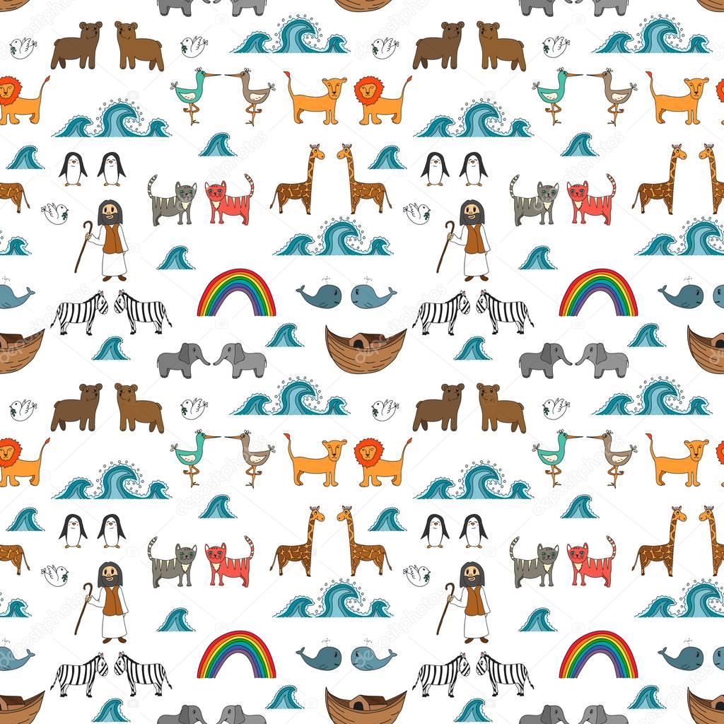 Vector seamless pattern with Noah's Ark concept, Bible story for kids, cartoon vector ornament