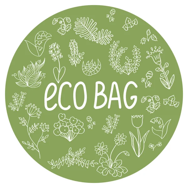 Векторная Весенняя Иллюстрация Круглый Шаблон Мешков Фразой Eco Bag Каракулями — стоковый вектор
