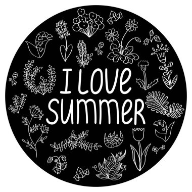 Yaz illüstrasyon vektör, şablon 'I yaz aşkı' ifade ile yuvarlak ve elle çizilmiş çiçek doodle. Baskı, afiş ve diğer tasarımlar için dekoratif öğe