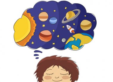 Çocuk uzay macerası rüya, uzay seyahat. Uluslararası gün insan Space Flight kavramı. Vektör çizim karikatür tarzı