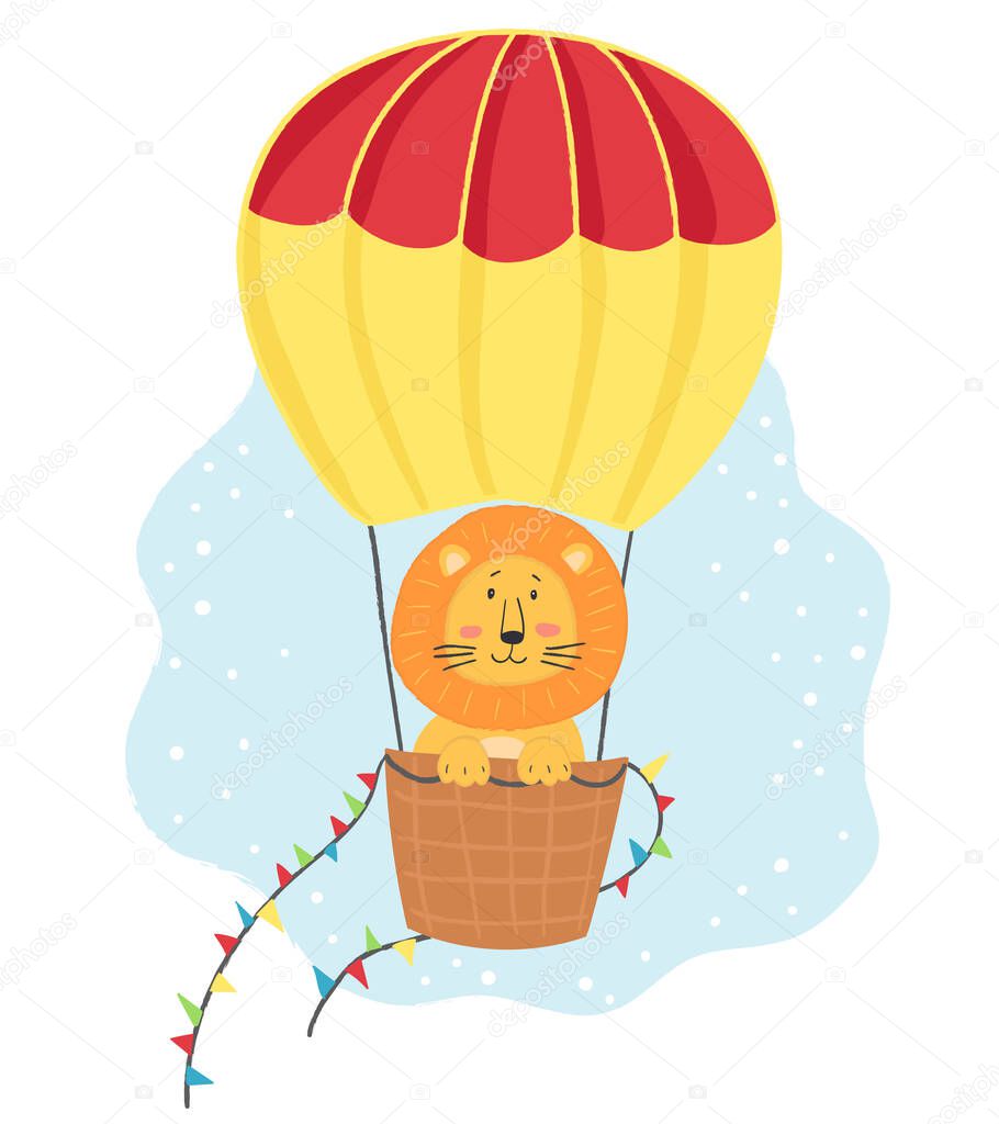 Adorable vector illustration for kids, cute orange lion flying in colorful hot air balloon. Children illustration for card, poster, print, baby shower design