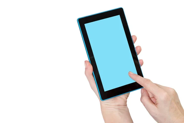 Female is holding tablet and touching touchscreen — Stock Photo, Image